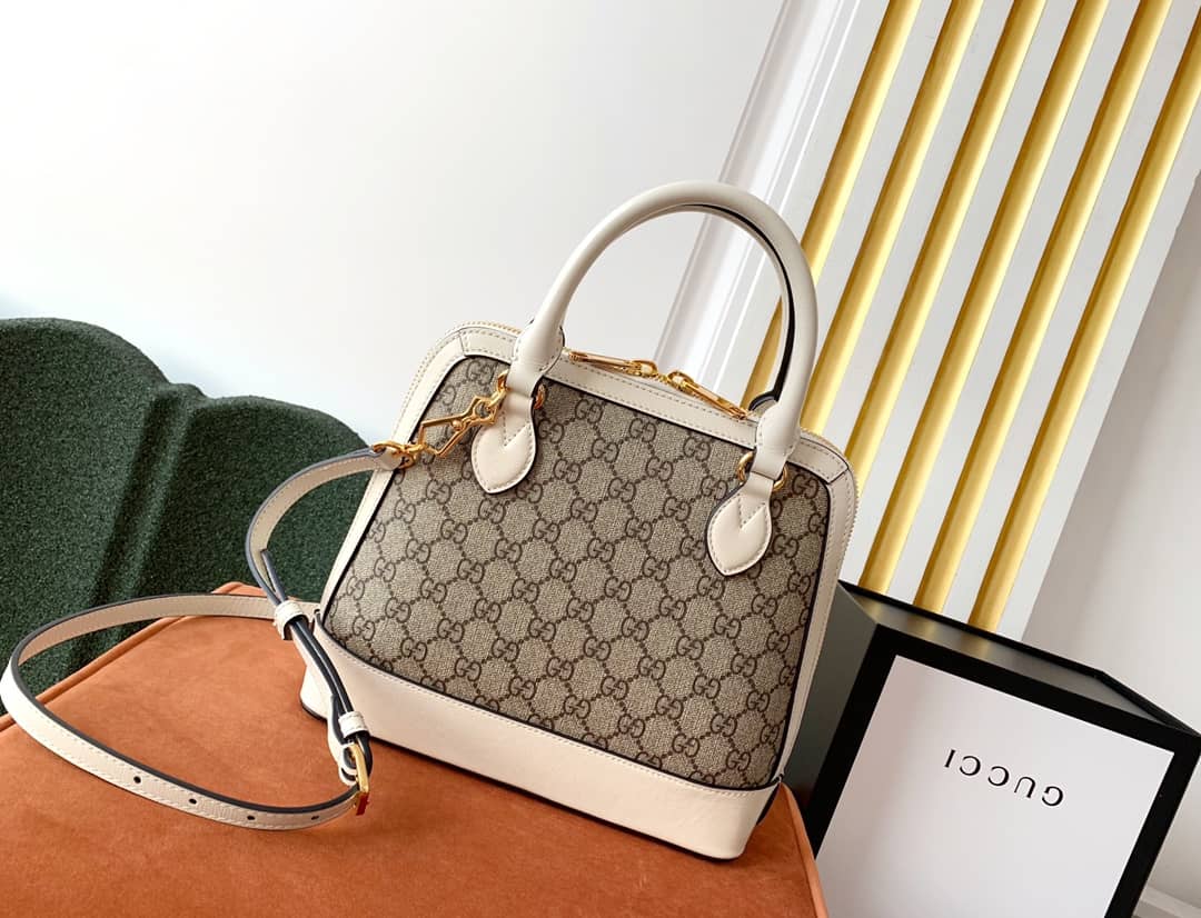 Gvc*1 Horsebit 1955 Small GG Svp*me Grainy Leather Handle Bag Replica White 621220