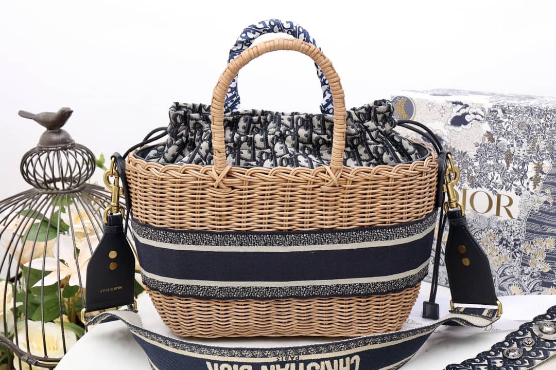 Chr1st1an D10r Wicker Bucket Bagblue Oblique
