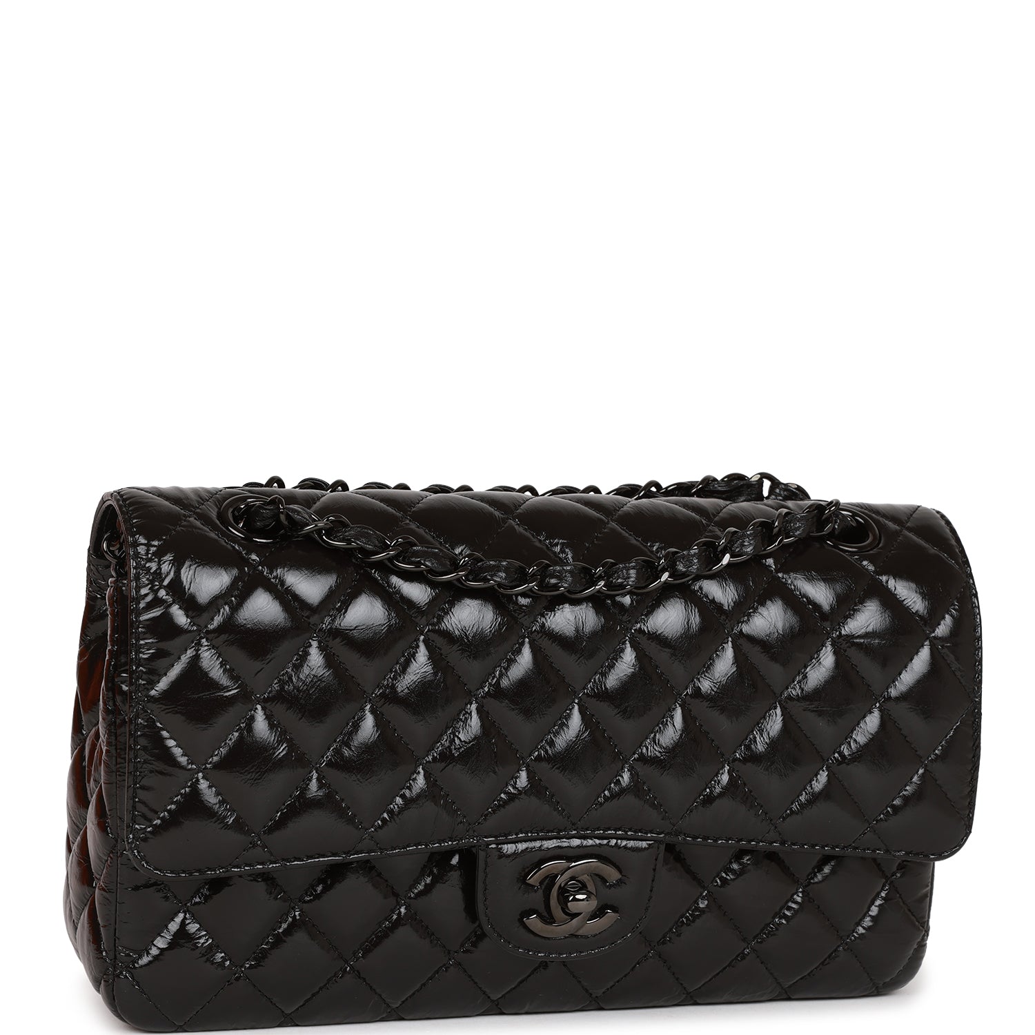Ch**el Medium Classic Double Flap Bag SO Black Crumpled Calfskin Black Hardware