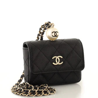 Ch**el CC Pearl Coin Card Holder with Chain Quilted Caviar