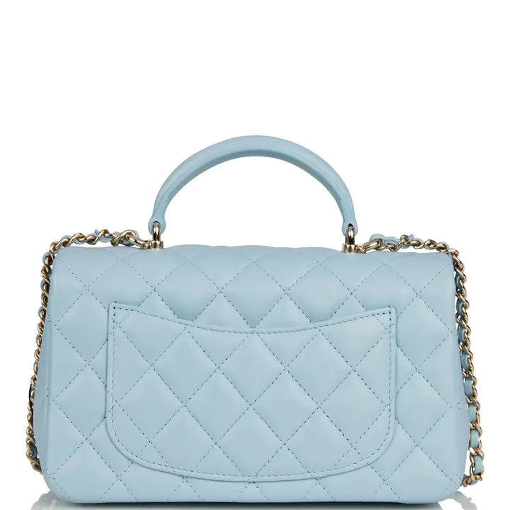 Mini Rectangular Flap with Top Handle Blue Lambskin Light Gold Hardware
