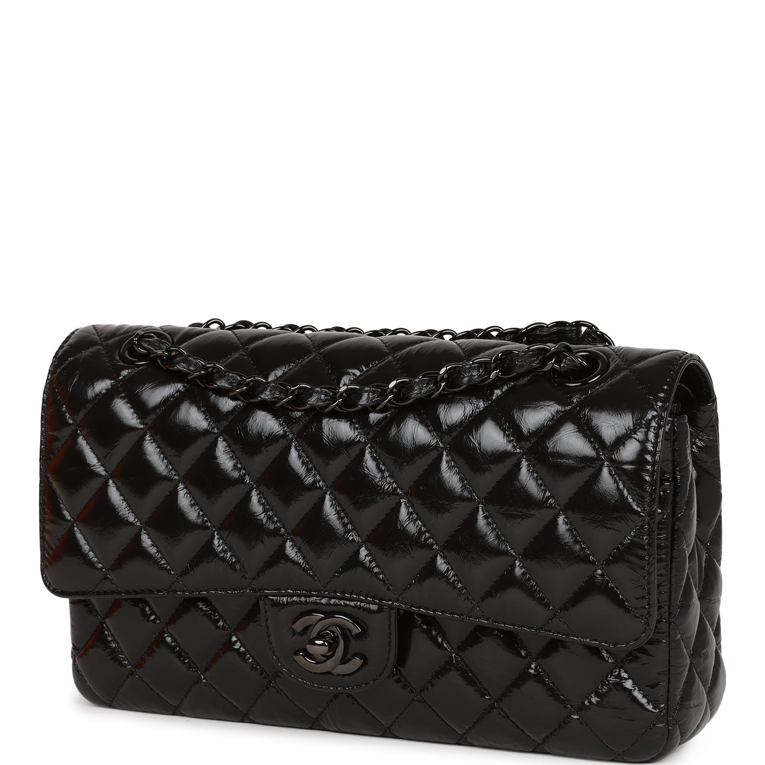 Ch**el Medium Classic Double Flap Bag SO Black Crumpled Calfskin Black Hardware