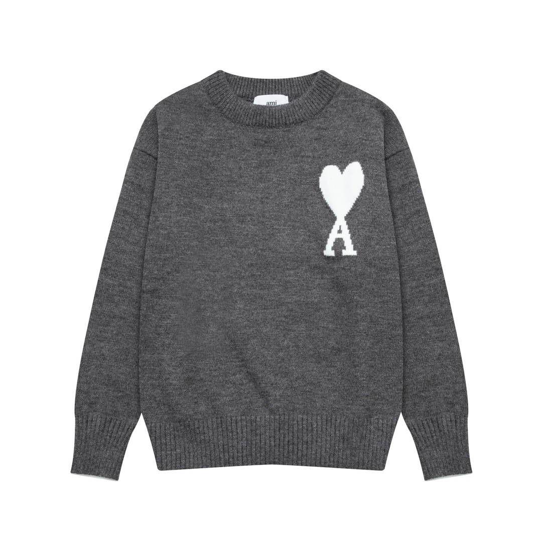 AMI Paris 2024 Autumn and Winter New Collection: Big Heart Alpaca Blend Soft Waxy Knitted Round Neck Cloud Sweater (Oversize Unisex Style)